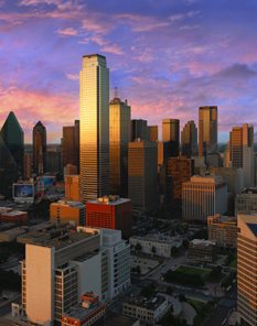Skyline photo of Dallas, TX, a city served by Trailways bus service