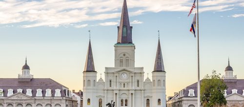 St. Louis Cathedral in New Orleans, LA, a city served by Trailways bus service and charter bus rentals