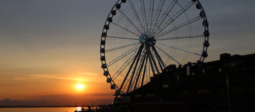 The Great Wheel in Seattle, WA, a city served by Trailways bus service and charter bus rentals