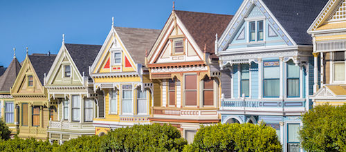 "Painted Ladies" Victorian houses in San Francisco, CA, a city served by Trailways bus service and charter bus rentals